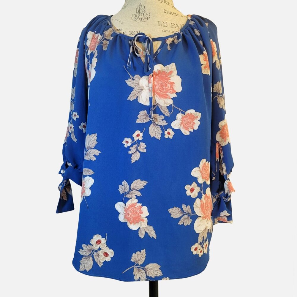 Maven Blue Floral Blouse with Neckline and Cuff Ties - M